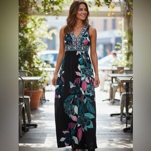 Floral Maxi Dress with Pink and Blue Accents- Maggie London 6 Petite
